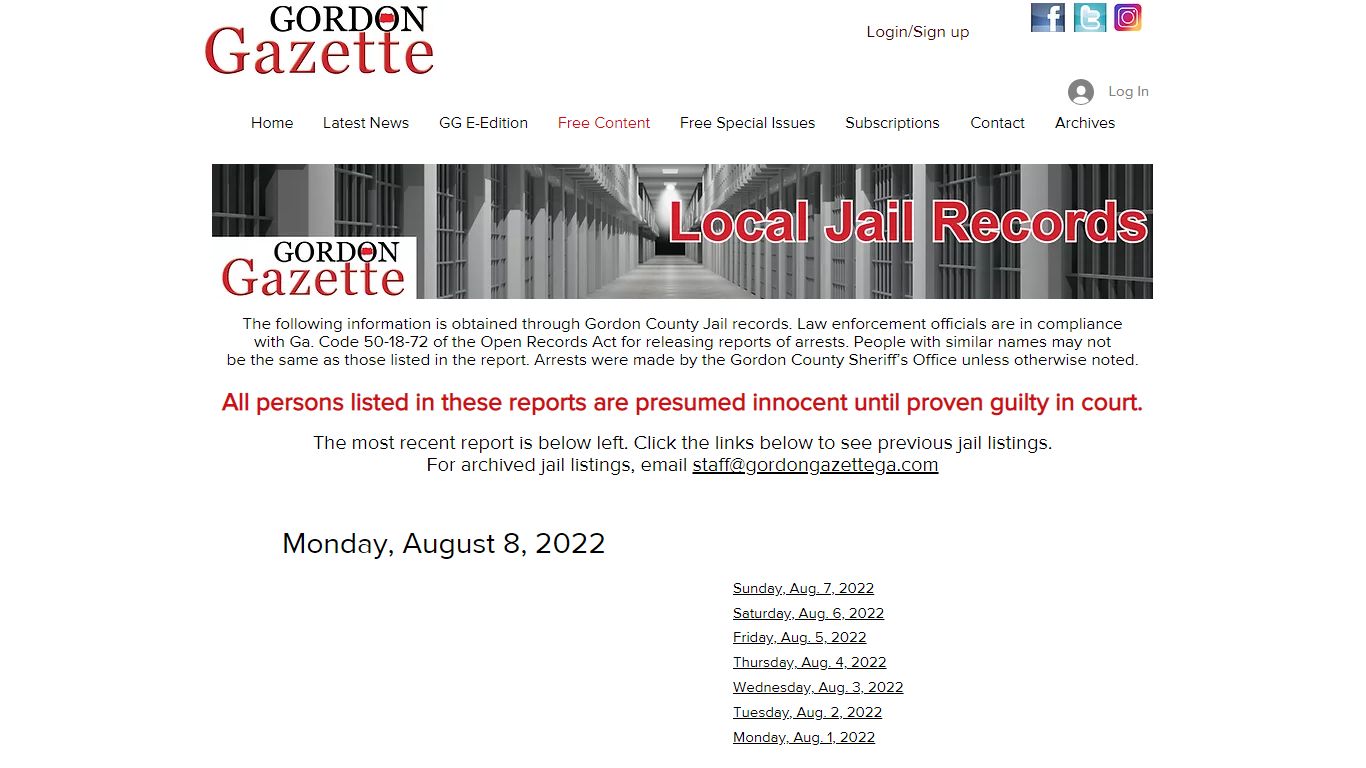 Jail Records | Gordon Gazette